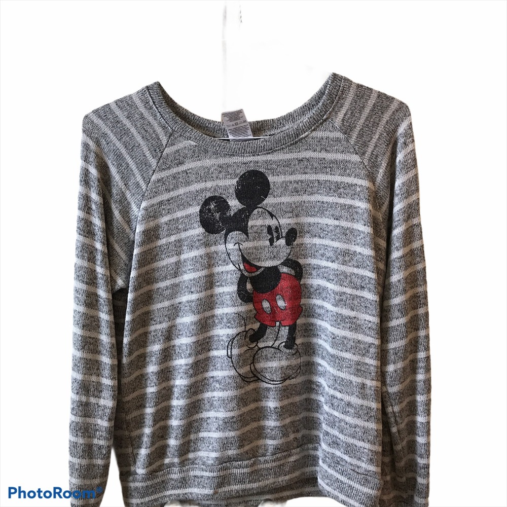 Disney Mickey Mouse Sweater Size XL Womens Gray Striped Long Sleeve Pullover